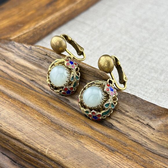 Vintage Clip-on Earrings Vermeil Gold Over Silver Cloisonne White Nephrite Jade - Picture 1 of 12